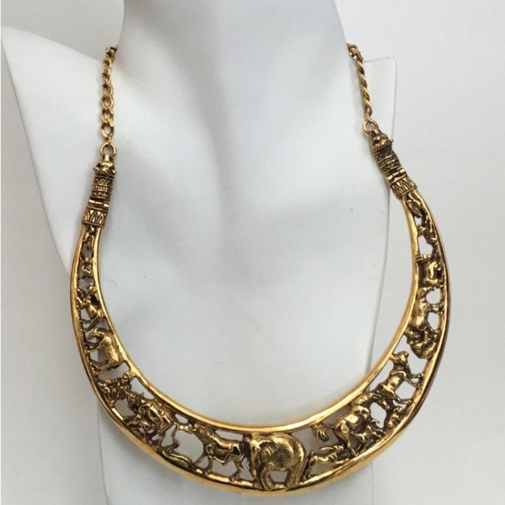 Gold Antique Look Noev Kovcheg Animals Necklace Cuban Link Chain Lobster‎ Clasp